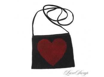 A RARE AND INCREDIBLE VINTAGE 1990S / Y2K ERA AUTHENTIC MOSCHINO BLACK CAVIAR BEADED SMALL BAG WITH HEART