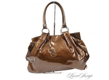 ANOTHER HUGE ONE! AUTHENTIC SALVATORE FERRAGAMO MADE IN ITALY BRONZE/BROWN PATENT LEATHER RUCHED HOBO BIG BAG