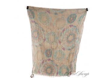 BRAND NEW WITH TAGS NORDSTROM MADE IN ITALY TAUPE GREY SHREDDED EDGE AQUA FLORAL CRINKLED SHAWL
