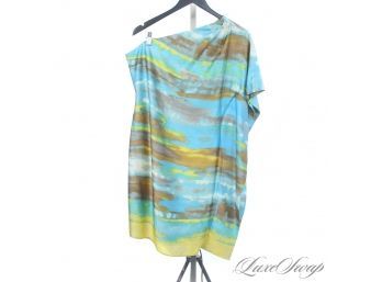 WHENS THE VACATION?! BRAND NEW WITH TAGS CALVIN KLEIN AQUA YELLOW BRUSHSTROKE BREEZY POPOVER CAFTAN 10