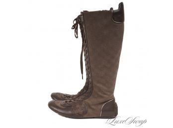 THE STARS OF THE SHOW! AUTHENTIC GUCCI MADE IN ITALY GG MONOGRAM CANVAS FLAT LEATHER TRIM TALL BOOTS 38.5
