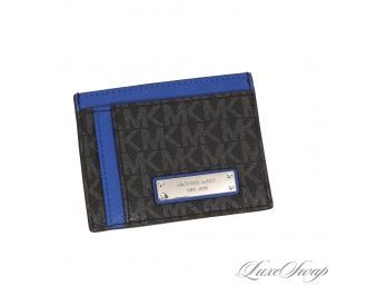 BRAND NEW WITHOUT TAGS AUTHENTIC MICHAEL KORS GREY MK MONOGRAM AND ROYAL BLUE LEATHER TRIM CARD CASE WALLET