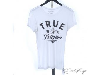 ALL THE BLING :  TRUE RELIGION WHITE DRAPED SLINKY TEE SHIRT WITH BUDDHA LOGO FULLY CRYSTAL ADORNED! M