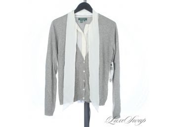 BRAND NEW WITH TAGS $149 RALPH LAUREN 85/15 SILK CASHMERE GREY CARDIGAN WITH CHIFFON INSETS L