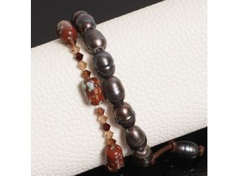 #6 LOT OF TWO HEMATITE COLOR AND MICROMOSAIC EFFECT AND FACETED CRYSTAL MODERN BEAD BRACELETS