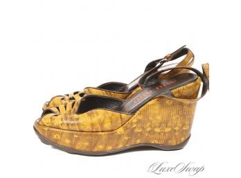 GORGEOUS! AUTHENTIC MIU MIU MADE IN ITALY OCHRE RING LIZARD PRINT WEDGE SANDALS WITH RUBBER SOLES!