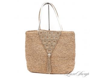 ITS MASSIVE! ANONYMOUS STRAW RAFFIA TOTE BAG WITH SILVER LEATHER HANDLES AND BEADED CRYSTAL DETAIL