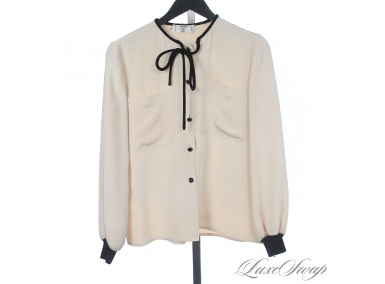 EFFORTLESS LUXE : VALENTINO MADE IN ITALY 100 PERCENT PURE SILK IVORY CREPE BLACK TRIMMED SHIRT JACKET 38