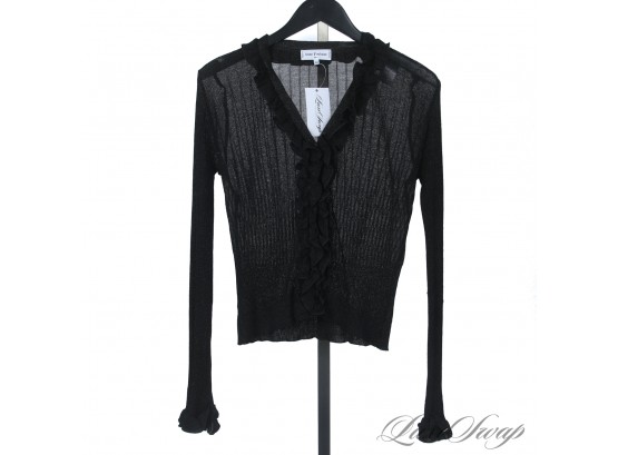 EXPENSIVE! ANNE FONTAINE PARIS BLACK STRETCH RIBBED KNIT SPARKLE INFUSED RUFFLE SWEATER 44
