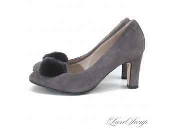TARYN ROSE MADE IN ITALY MOUSE GREY SUEDE GENUINE FUR PUFF TOE PUMPS SHOES 37.5