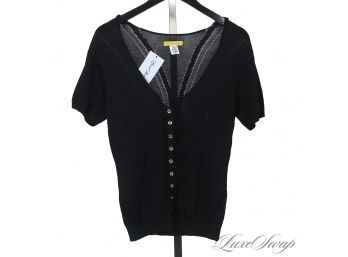 PERFECT FOR THE OFFICE! CATHERINE MALANDRINO BLACK STRETCH PERFORATED KNIT SHORT SLEEVE CARDIGAN L