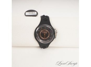 BRAND NEW IN BOX AUTHENTIC VERSUS VERSACE BLACK RUBBER AND ROSE GOLD TONE QUARTZ WATCH WITH COA PAPERS ETC