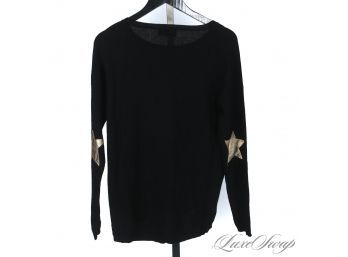 NEAR MINT AND MODERN WYSE LONDON 100 PERCENT CASHMERE BLACK CREWNECK SWEATER WITH GOLD LEATHER STARS 2