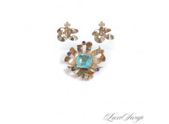 #3 STUNNING VINTAGE SIGNED BROOKRAFT GOLD LOTUS FLOWER BROOCH WITH STONES EN SUITE WITH A SIMILAR PAIR EARRING
