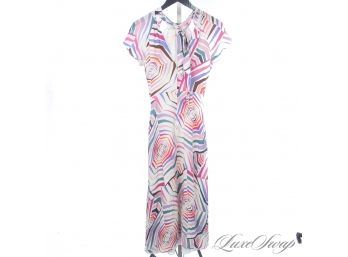 WOW THIS IS AWESOME! KATE SPADE WHITE CHIFFON BREEZY FULL LENGTH DRESS WITH PSYCHEDELIC CONCENTRIC PRINT 0