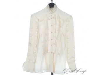 DRIPPING DECADENCE! ESCADA 100 PERCENT PURE SILK IVORY RUFFLED CRYSTAL BUTTON VICTORIAN BLOUSE 36