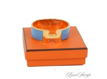 THE ONE EVERYONE WANTS! AUTHENTIC HERMES MADE IN FRANCE SIGNATURE BLUE GOLD H MONOGRAM CLIC CLAC BRACELET