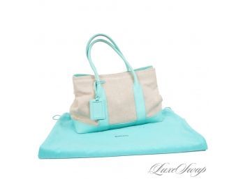 MINT AND I MEAN MINT 10 OUT OF 10 AUTHENTIC TIFFANY & CO NATURAL SAND CANVAS AND SIGNATURE BLUE TRIM TOTE BAG