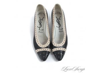 BRAND DEFINING! YSL YVES SAINT LAURENT BLACK PATENT LEATHER AND NUDE PERFORATED TRIM SPECTATOR PUMPS 8.5
