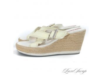 AUTHENTIC PRADA LINEA ROSSA WHITE PATENT LEATHER ESPADRILLE WEDGE STRAPPY SHOES 38.5