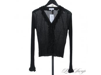 EXPENSIVE! ANNE FONTAINE PARIS BLACK STRETCH RIBBED KNIT SPARKLE INFUSED RUFFLE SWEATER 44