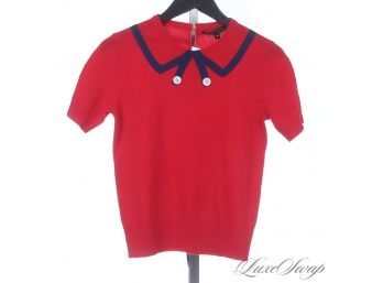 MARC JACOBS BLACK LABEL CHERRY RED KNIT TROMPE L'OEIL SAILOR COLLAR MOTHER OF PEARL BUTTON KNIT TOP S
