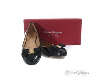 MOST REQUESTED STYLE EVER! LIKE NEW IN BOX SALVATORE FERRAGAMO 'VARINA' BLACK PATENT LEATHER BALLET FLATS 9.5