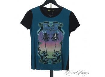 THE MOST ICONIC! AUTHENTIC VERSACE JEANS BLACK AND PEACOCK MIAMI PRINT PALM TREE TEE SHIRT WOMENS 6