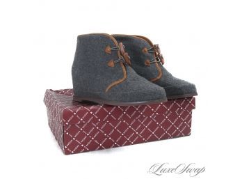 BRAND NEW IN BOX 80/20 'ELIOTTE' CHARCOAL GREY FLANNEL WOOL BROWN TRIMMED TOGGLE BOOTIES 8.5
