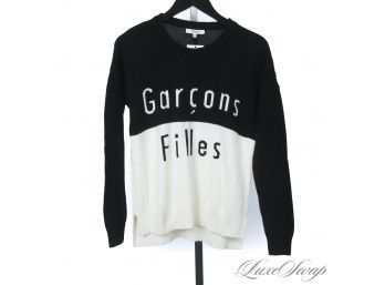 BIG GRAPHICS ARE BIG : SUPER SOFT MADEWELL 'GARCONS FILLES' BLACK AND WHITE SPLIT CREWNECK SWEATER XS