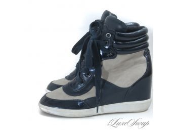 TOTALLY OF THE MOMENT ARMANI JEANS GREY AND BLUE HIGH TOP WEDGE SNEAKERS 39