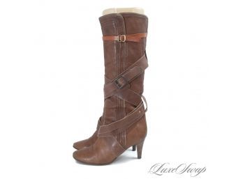 OUT-FREAKING-STANDING CHLOE MADE IN ITALY CARAMEL BROWN LEATHER BONDAGE LACED TUMBLED LEATHER BOOTS 36