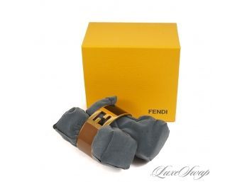 THE STAR OF THE SHOW! AUTHENTIC AND ORIGINAL BOX FENDI MADE IN ITALY BLACK AND TAN ENAMEL GOLD WIDE BRACELET