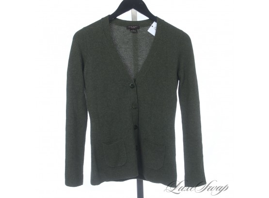 AUTUMNAL COMFORT : HENRI BENDEL NY 100 PERCENT PURE CASHMERE FOREST GREEN CARDIGAN SWEATER S
