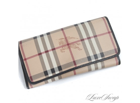 THE STAR OF THE SHOW! AUTHENTIC AND RECENT BURBERRY COATED CANVAS TARTAN NOVACHECK KNIGHT CLUTCH WALLET