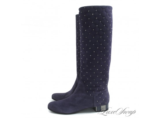 WHOA! $1200 STICKER BRAND NEW IN BOX VINCE CAMUTO SIGNATURE NAVY SUEDE FLAT STUDDED QUILTED FLAT BOOTS 38