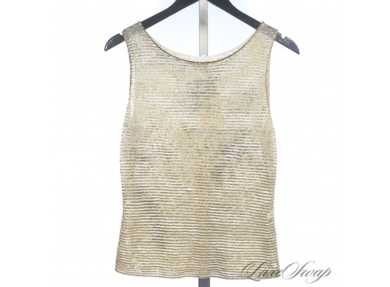 OH YOU WILL GET ATTENTION! ESCADA CHAMPAGNE STRETCH MESH FULLY GOLD BEAD EMBROIDERED TANK TOP S