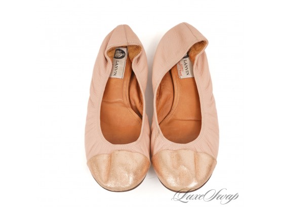 THE ONES EVERYONE WANTS! LANVIN PARIS ROSE PINK RUCHED STRETCH LEATHER LAME TOE BALLET FLATS