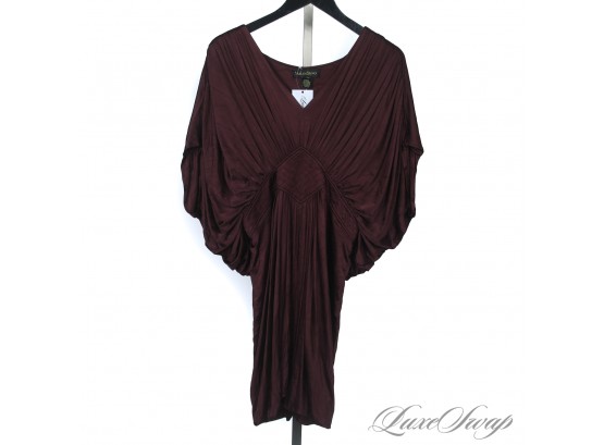 THE SWISH!! CATHERINE MALANDRINO MADE IN ITALY AUBERGINE STRETCH SATIN GRECIAN RUCHED BUTTERFLY DRESS