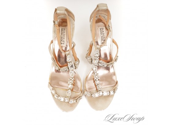 I KNOW WHEN THAT HOTLINE BLING : BADGLEY MISCHKA GOLD LAME LEATHER BIG DIAMANTE CRYSTAL T-STRAP SANDALS