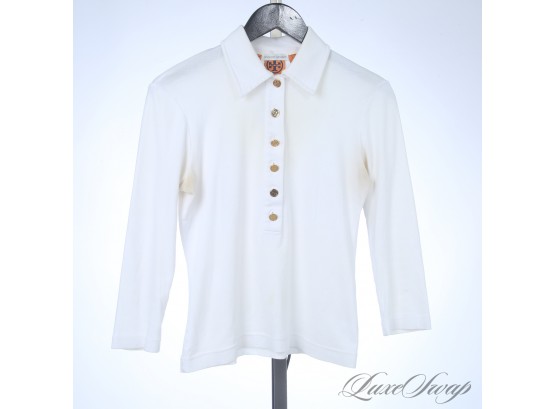 FALL LUXE : TORY BURCH AT BERGDORF GOODMAN IVORY KNIT GOLD MONOGRAM BUTTON POLO SHIRT S