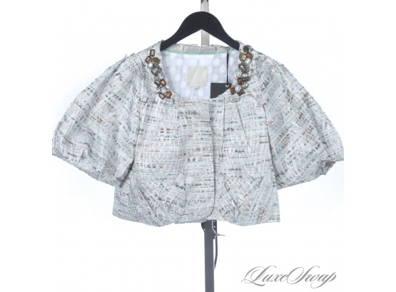 BRAND NEW WITH TAGS MAGIINN SILVER CRINKLED DASH TWEED CROPPED JACKET WITH EMBROIDERY NECKLINE 38