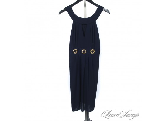 VERY BEAUTIFUL : MILLY NEW YORK NAVY BLUE DRAPED CREPE LARGE GOLD GROMMET HALTER DRESS MADE IN USA M