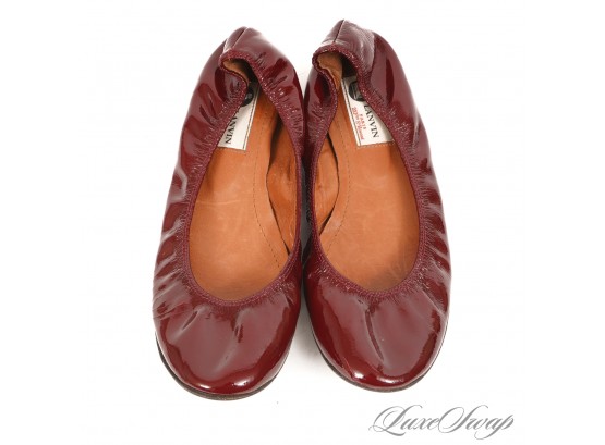 THE ONES EVERYONE WANTS! AUTHENTIC LANVIN PARIS RICH WINE RED PATENT LEATHER RUCHED BALLET FLATS 38