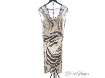 OUTSTANDING MAX MARA MADE IN ITALY EGGSHELL AND BROWN TIGER STRIPE CHIFFON OVERLAY STRETCH DRESS 40
