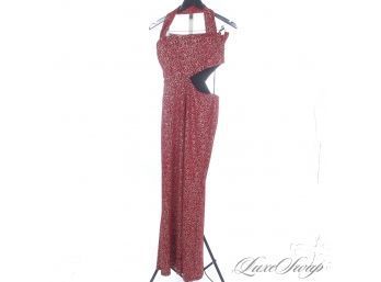 HOT GIRL SUMMER / HOT GIRL FALL! MARIA BONITA RUBY RED STRETCH SPARKLE INFUSED CUTOUT GOWN L