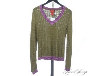 ICONIC : MISSONI ORANGE LABEL / TARGET OLIVE GREEN TEXTURE KNIT PURPLE PIPED V-NECK SWEATER XL