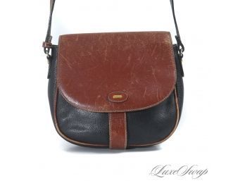 VINTAGE 1980S 1990S BALLY MADE IN ITALY BLACK AND BROWN LEATHER FLAP CROSSBODY BAG