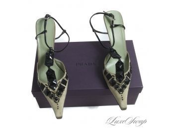 WITH ORIGINAL BOX! PRADA MADE IN ITALY GREEN RASO SATIN BLACK JEWEL EMBROIDERED SLINGBACK SHOES 39