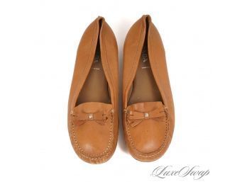 PERFECT PUMPKIN PICKING SHOES! PRADA MADE IN ITALY LUGGAGE BROWN BOW FRONT FLAT LOAFERS 38